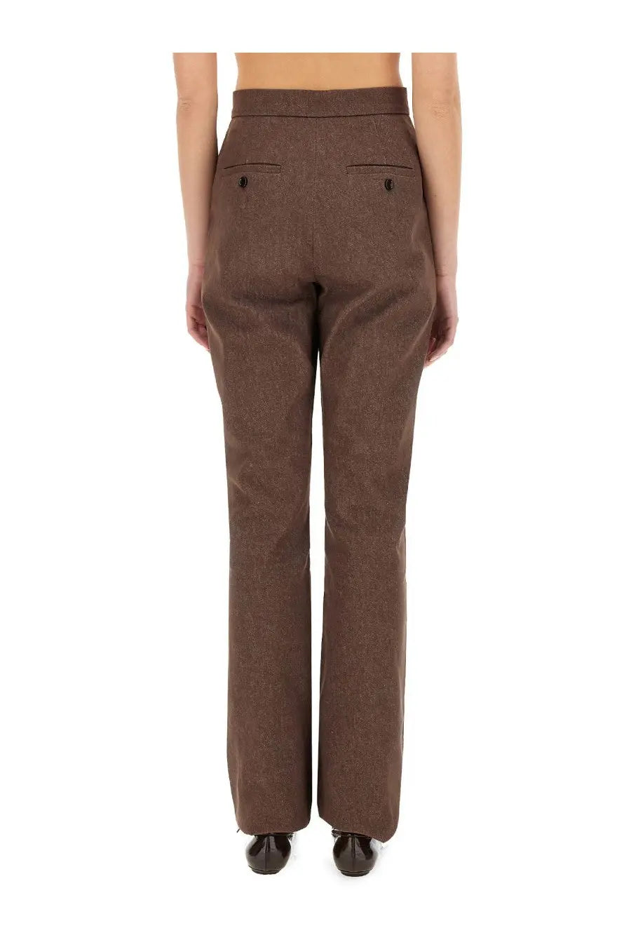 Back view of max mara women’s brown textured wool high waist pants with two back pockets galicia style