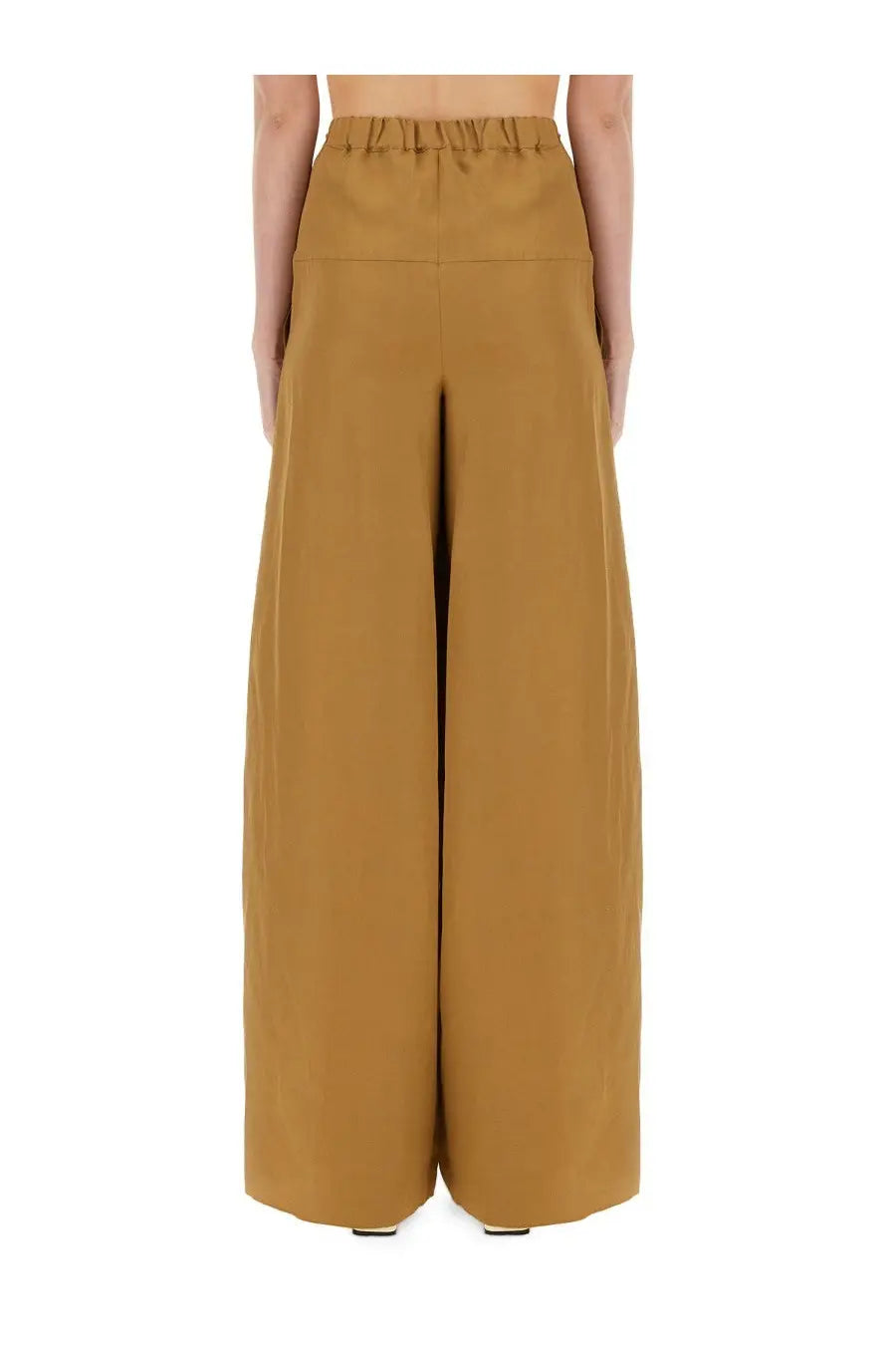 Max mara women’s tan wide-leg pants with high-waisted elasticated waistband in honor beige