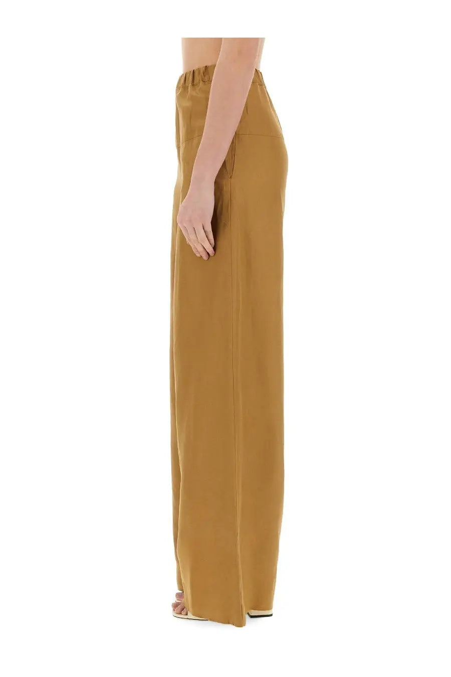 Max Mara women’s tan wide-leg trousers with high-waisted elasticated waistband and subtle front pockets