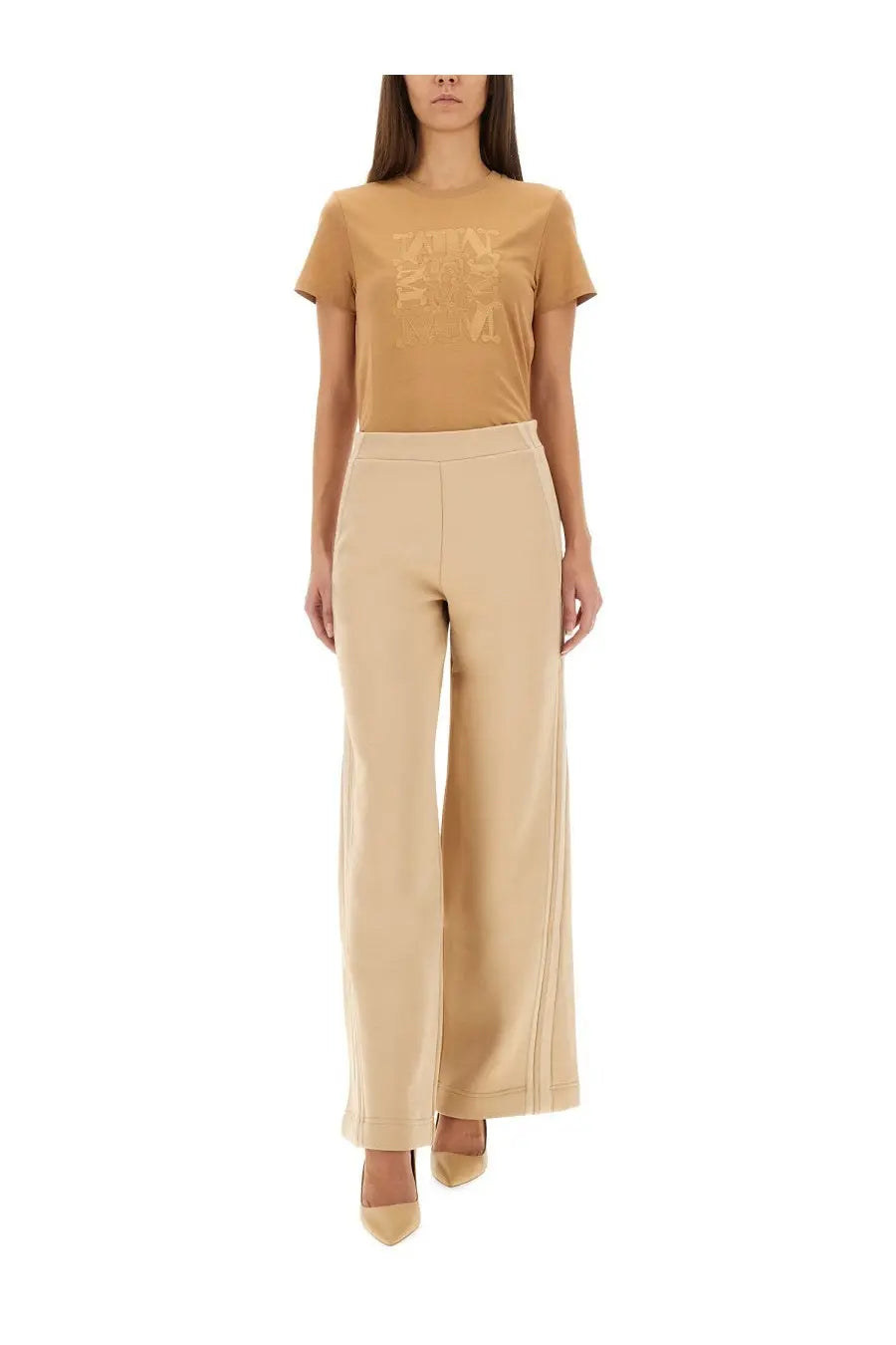 Beige max mara women’s pants ifrem with high-waisted wide-leg design and smooth fabric featuring subtle side seam detailing
