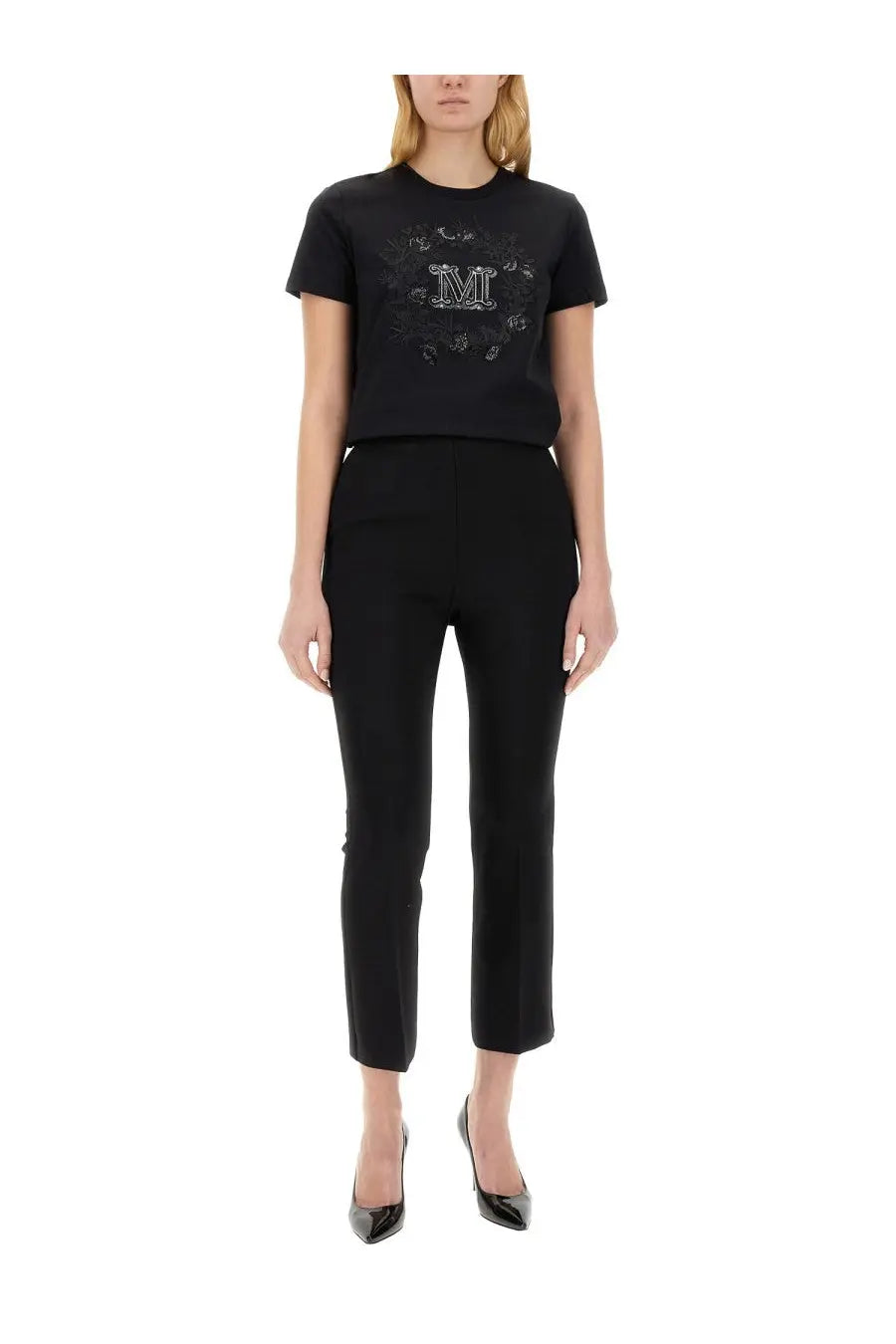 Max mara women’s black short-sleeved cotton t-shirt with silver embroidered m logo and floral patterns