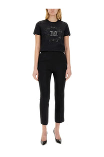 Max mara women’s black short-sleeved cotton t-shirt with silver embroidered m logo and floral patterns