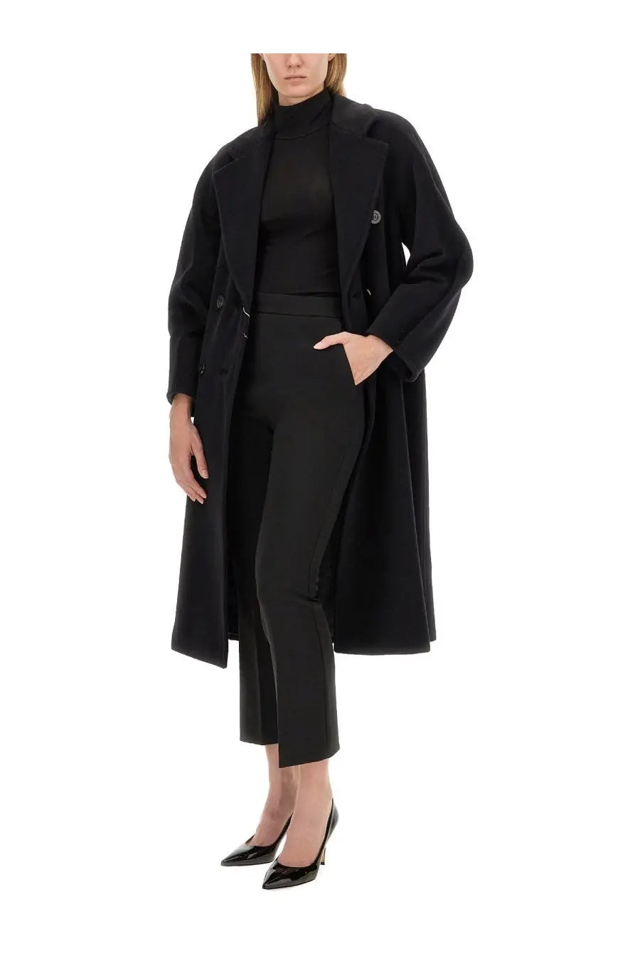 Max mara women’s pants parade black black wool double-breasted overcoat with notched lapels front view