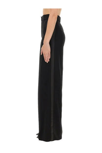 Max Mara women’s black high-waisted wide-leg pants with a sleek satin stripe down the side