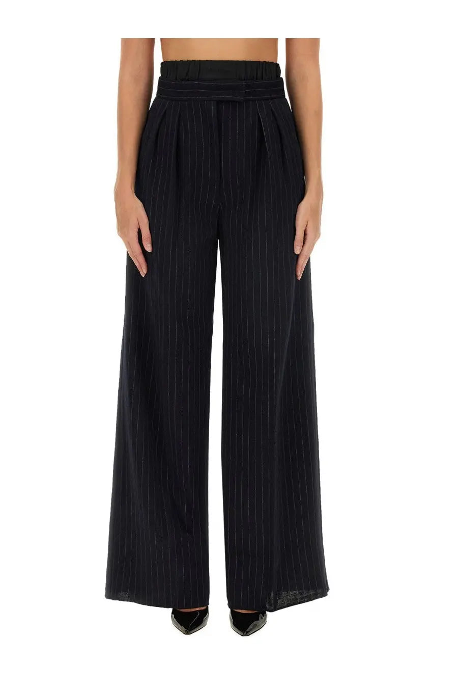 Max Mara women’s black high-waisted wide-leg trousers with fine vertical pinstripes for elegant wear