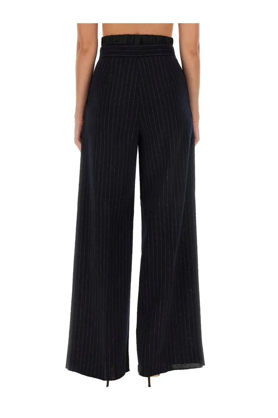 Max mara women’s black pinstripe wide-leg trousers with high-waisted elasticated waistband for stylish comfort