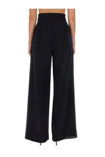 Max mara women’s black pinstripe wide-leg trousers with high-waisted elasticated waistband for stylish comfort