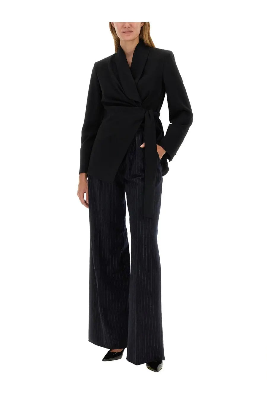 Black wrap blazer with tailored fit paired with max mara womens blue pinstriped wide-leg trousers front view