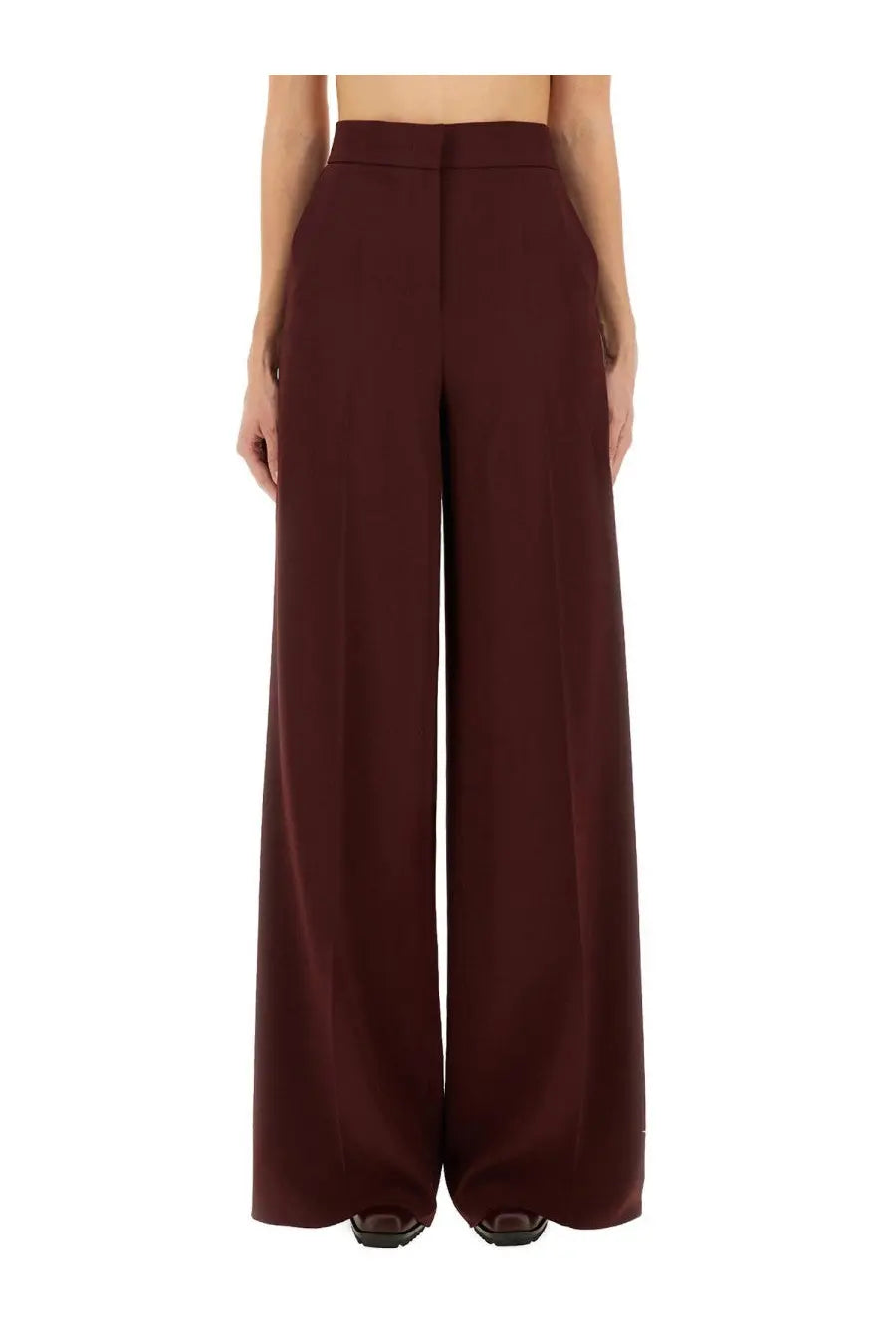 Max Mara women’s burgundy high-waisted wide-leg pants with a sleek tailored fit in Plava Piano Red fabric