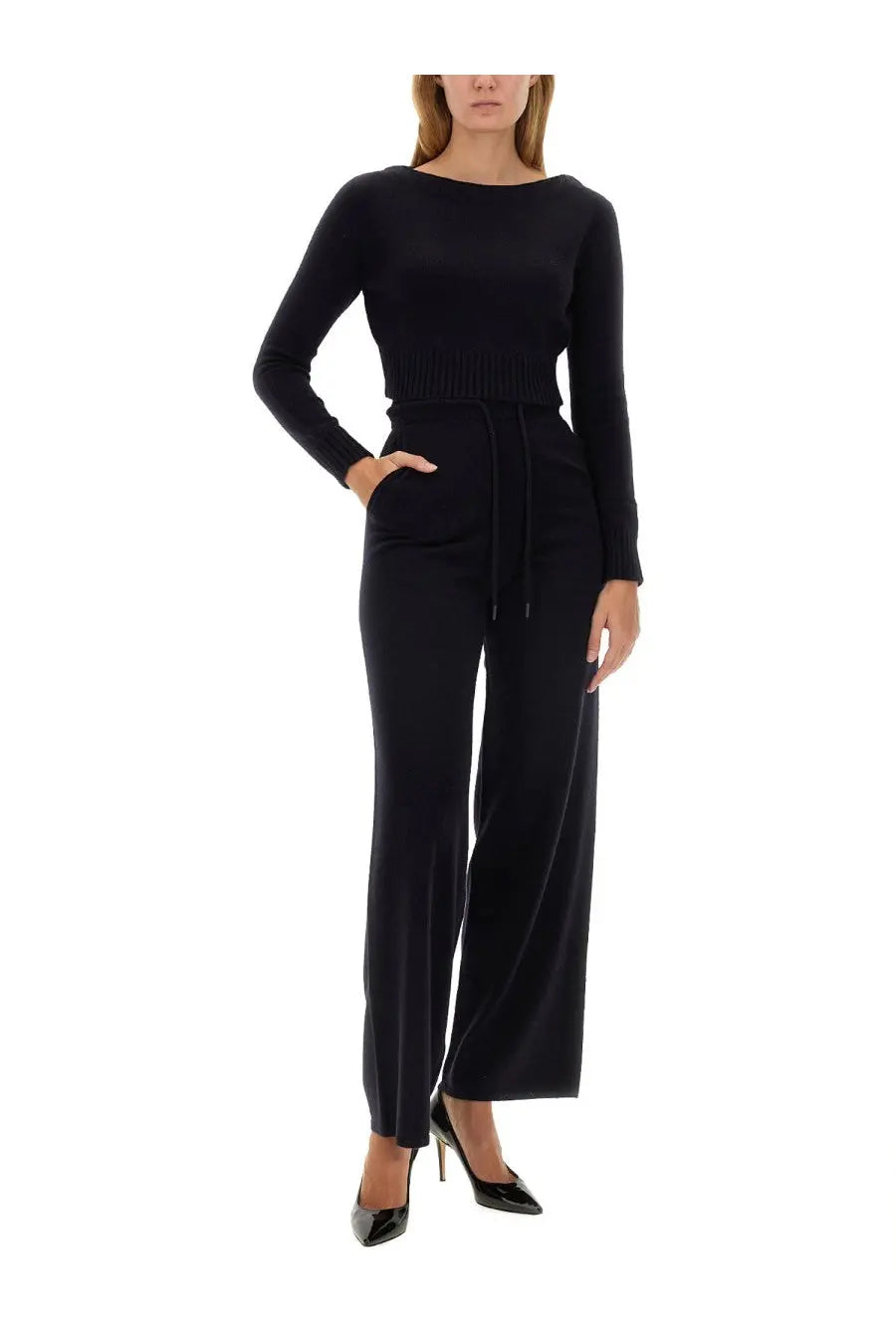 Black knit long-sleeved top with ribbed waistband and matching wide-leg trousers from max mara women’s pants rino blue collection
