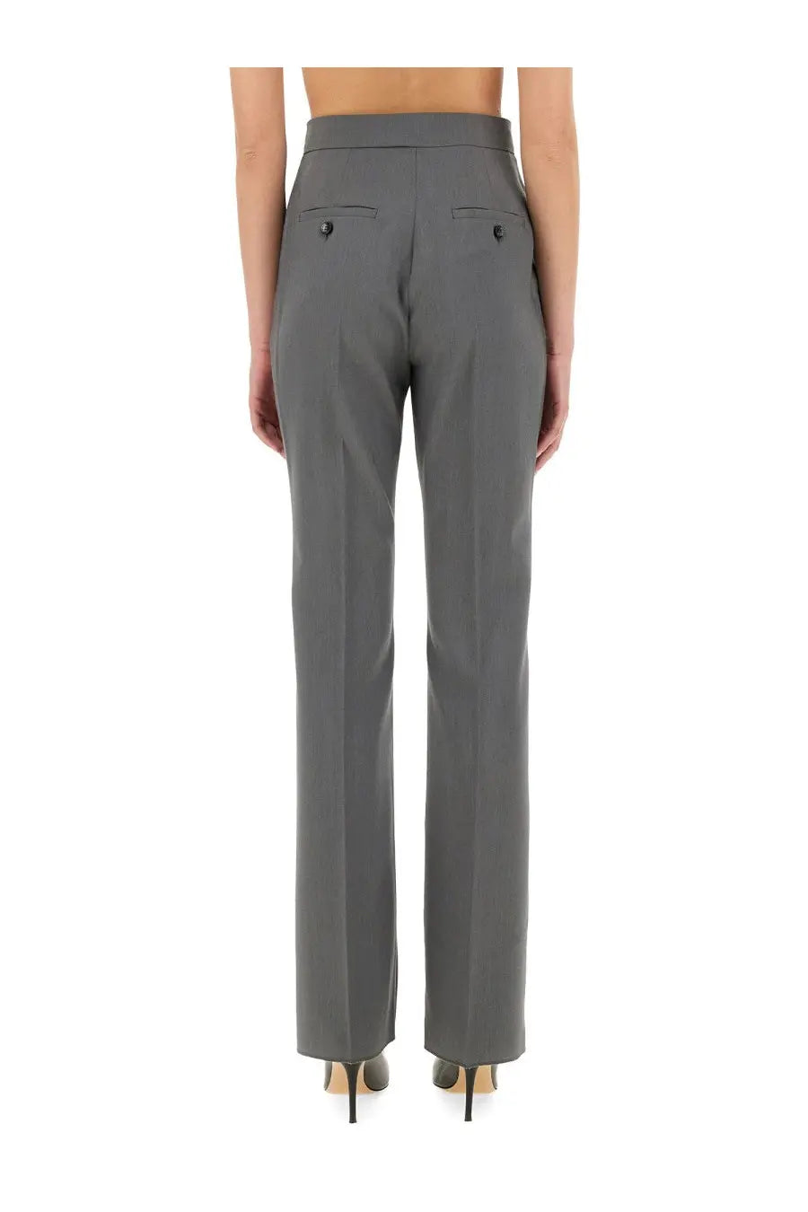 Back view of max mara women’s turdigo grey tailored trousers with straight-leg cut and black button-accented pockets