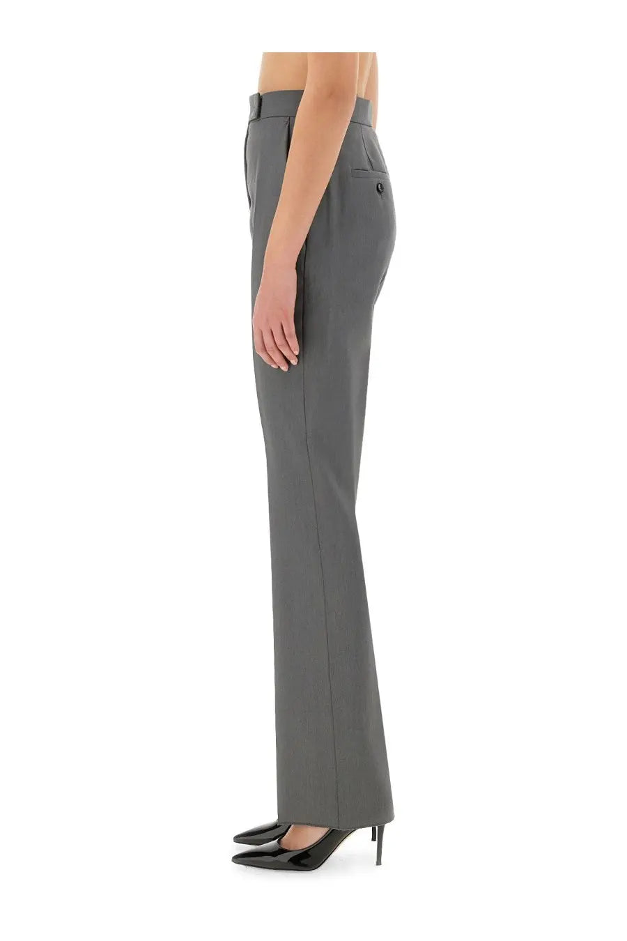 Max Mara women’s tailored gray trousers with straight-leg cut and subtle pleats at the waistband