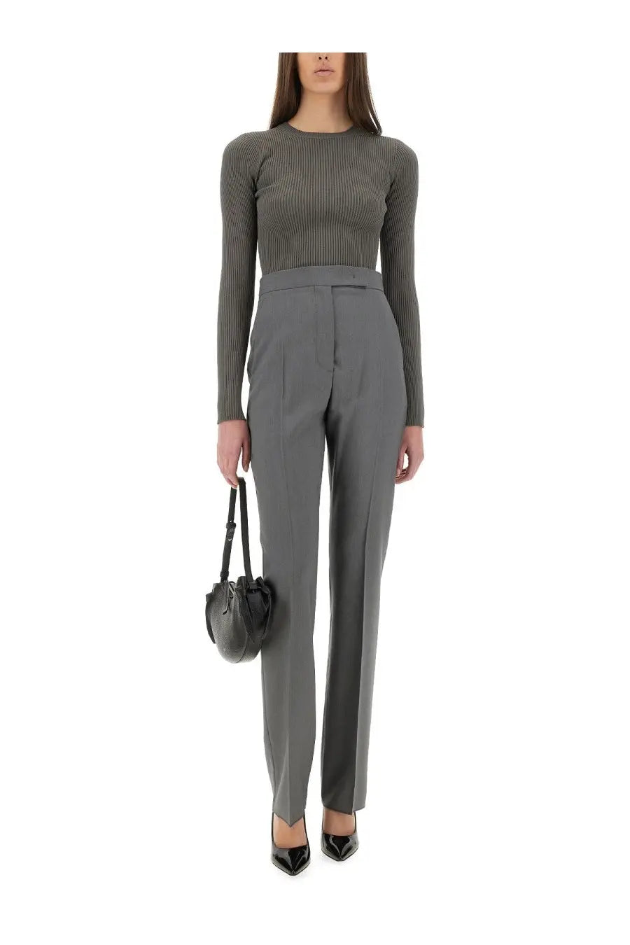 Max mara women’s tailored charcoal gray turdigo pants with high waist and straight-leg cut