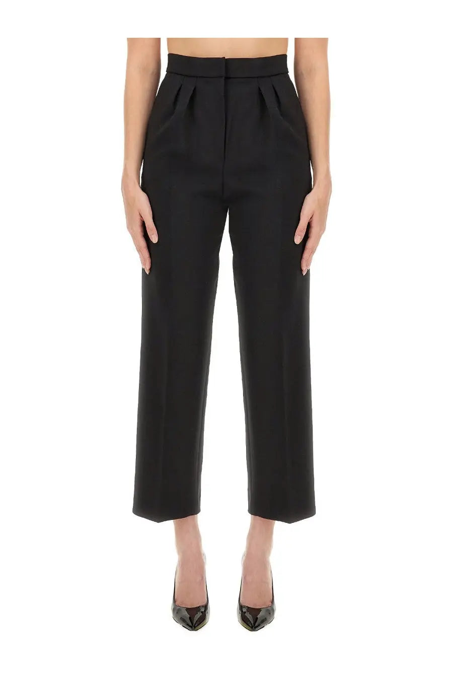 Max Mara women’s black high-waisted wide-leg trousers with a tailored fit and subtle front pleats
