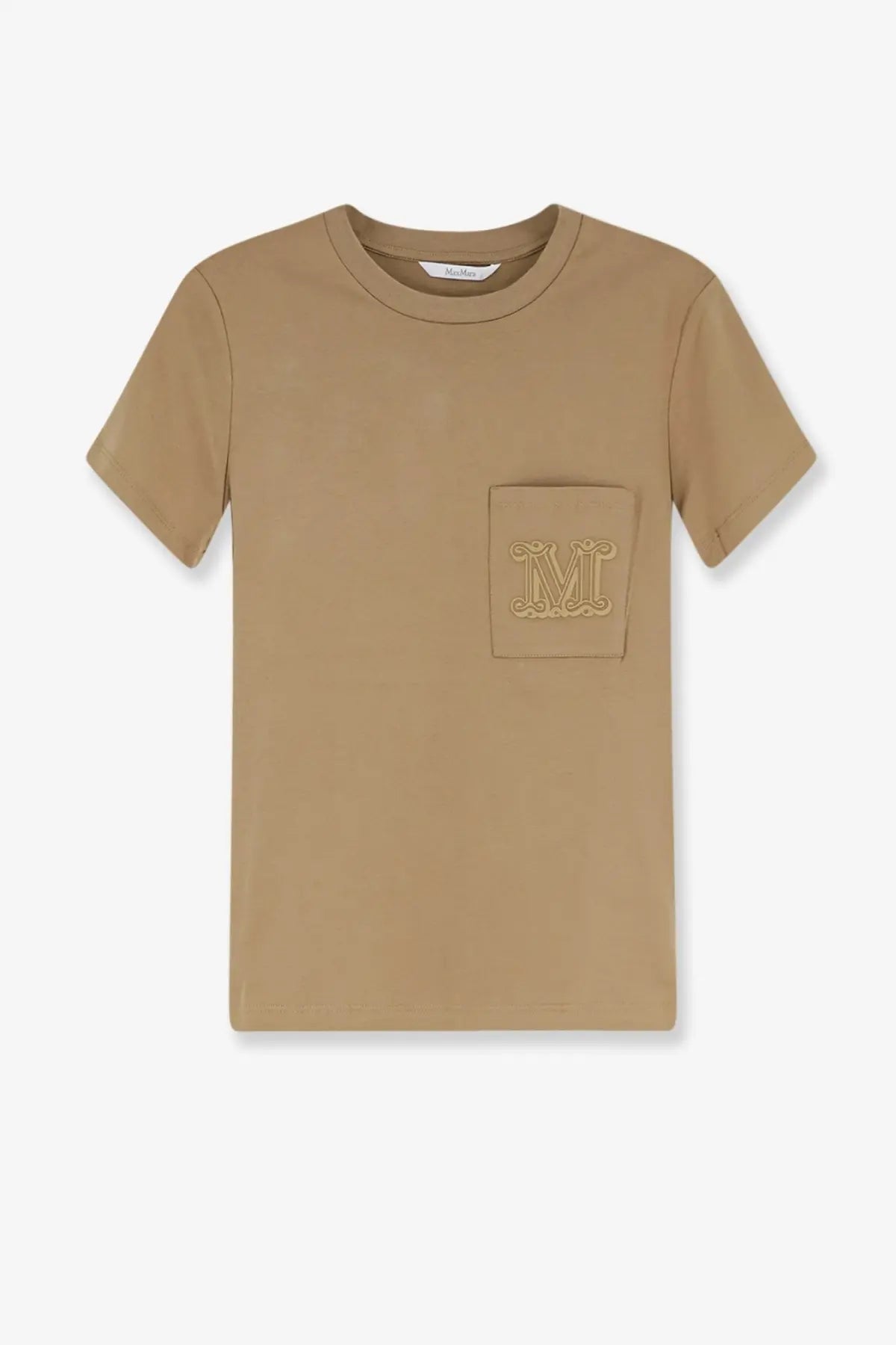 Beige max mara women’s papaia short-sleeved cotton shirt with chest pocket and embroidered m monogram
