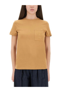 Max mara women’s papaya shirt beige featuring a mustard-yellow short-sleeved design with an embroidered m logo on the chest pocket