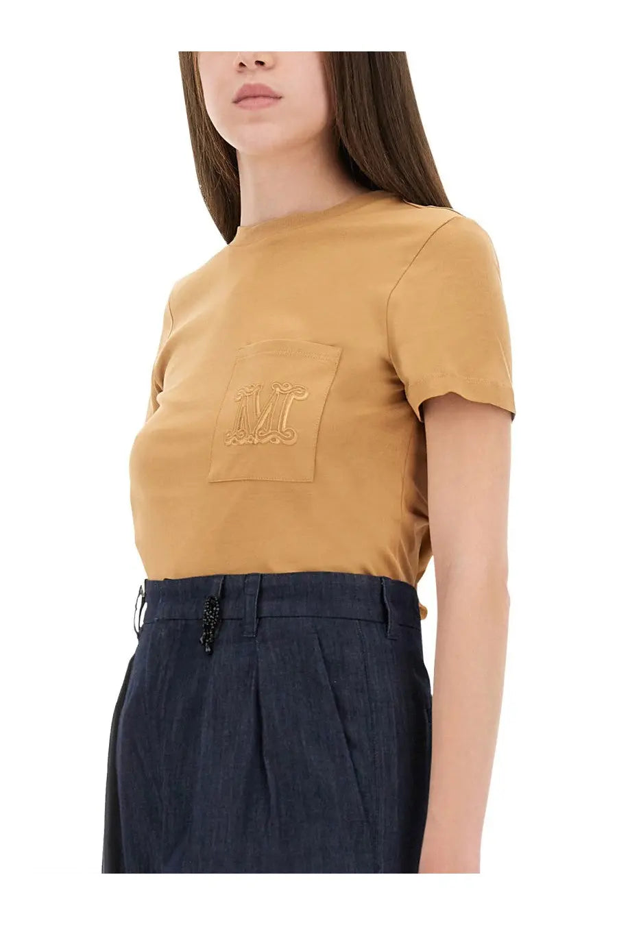 Max Mara women’s Papaya beige short-sleeved shirt with tan front pocket and embroidered monogram detail