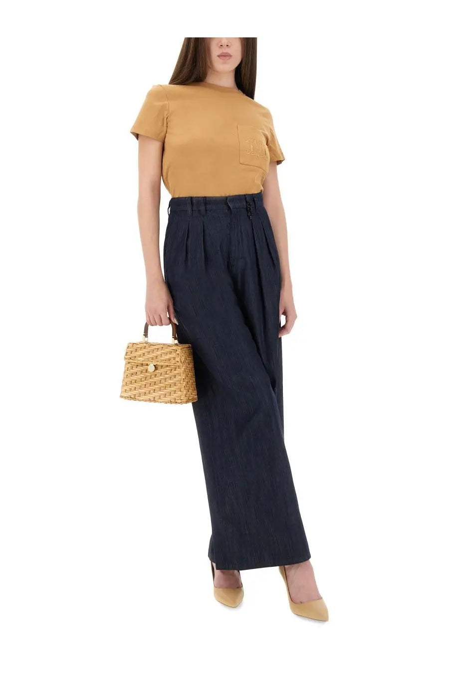 Woven straw handbag with gold-tone clasp and handles complementing max mara women’s papaya shirt beige