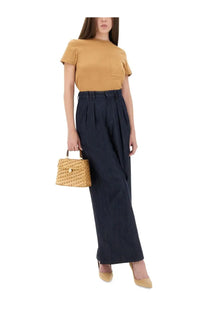 Woven straw handbag with gold-tone clasp and handles complementing max mara women’s papaya shirt beige