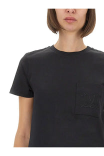 Max Mara women’s black short-sleeved cotton t-shirt with subtle embroidered m logo on chest pocket