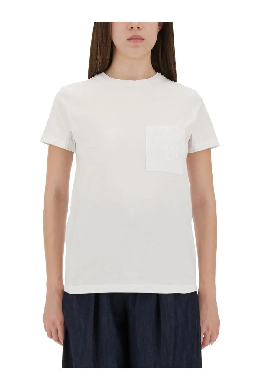 Max Mara women’s Papaya white cotton t-shirt with a subtle embroidered logo on the chest pocket