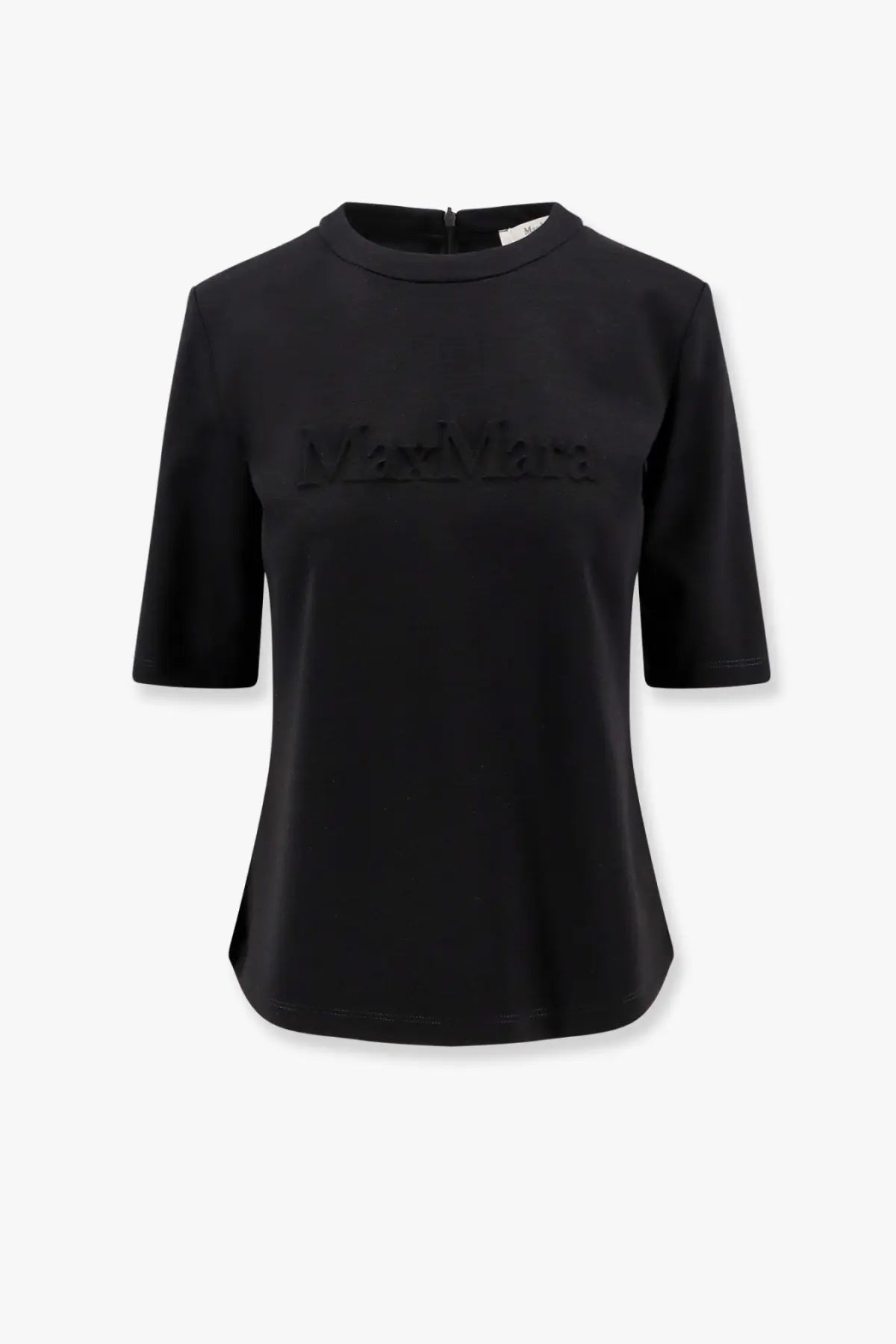 Max Mara women’s Peter wool shirt black with three-quarter sleeves and subtle embossed logo on the chest