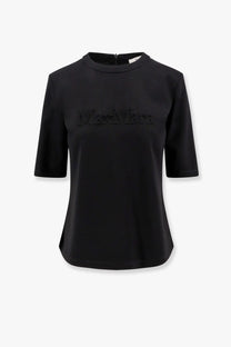 Max Mara women’s Peter wool shirt black with three-quarter sleeves and subtle embossed logo on the chest