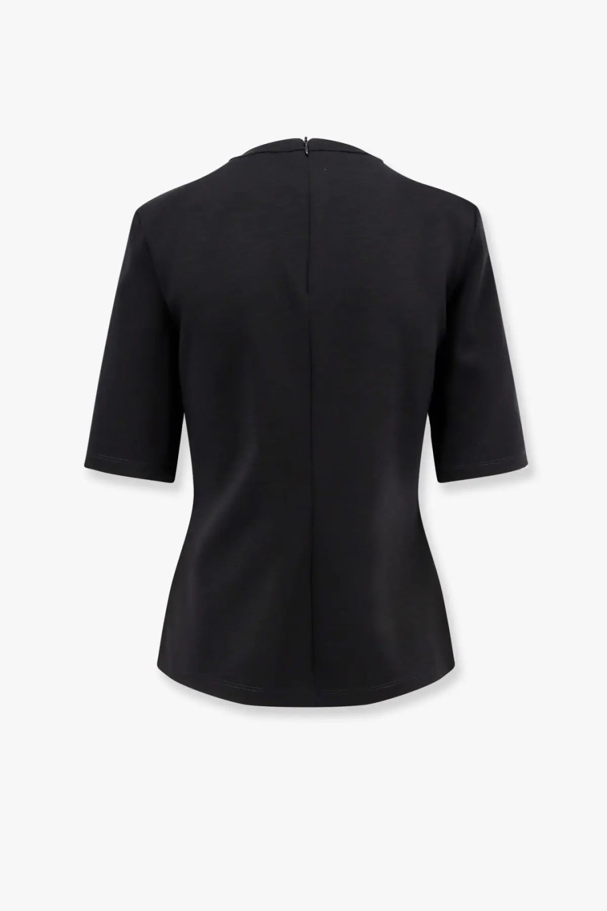 Max mara women’s peter wool black short-sleeved blouse with tailored fit shown from the back with central zipper