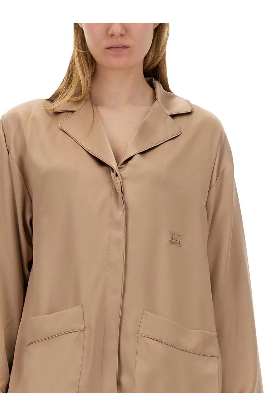 Max Mara women’s piano potter beige satin blouse with collar front zipper patch pockets and embroidered logo
