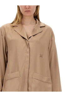 Max Mara women’s piano potter beige satin blouse with collar front zipper patch pockets and embroidered logo