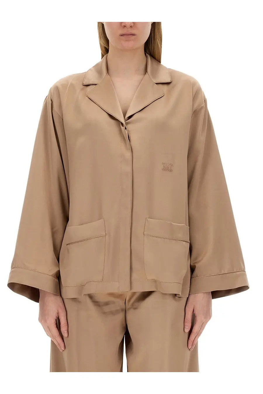 Beige satin max mara women’s piano potter shirt with collar front zipper closure and two patch pockets