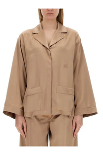 Beige satin max mara women’s piano potter shirt with collar front zipper closure and two patch pockets