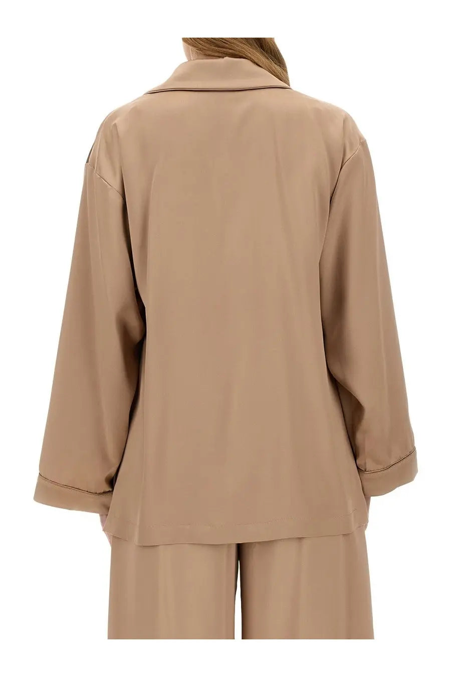 Beige satin Max Mara women’s piano potter shirt with rolled cuffs and collar in a pajama top style