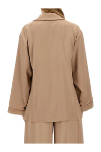 Beige satin Max Mara women’s piano potter shirt with rolled cuffs and collar in a pajama top style