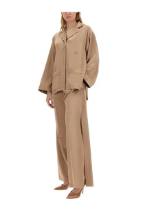 Max Mara women’s piano potter shirt beige satin pajama set with relaxed fit button-up top and wide-leg pants