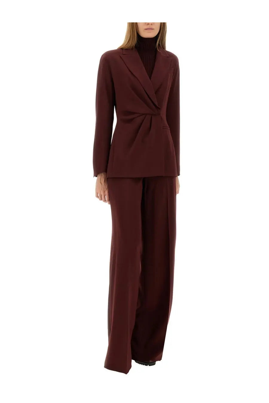 Max Mara women’s piano wing jacket red structured burgundy wool blend blazer with draped front and tailored fit