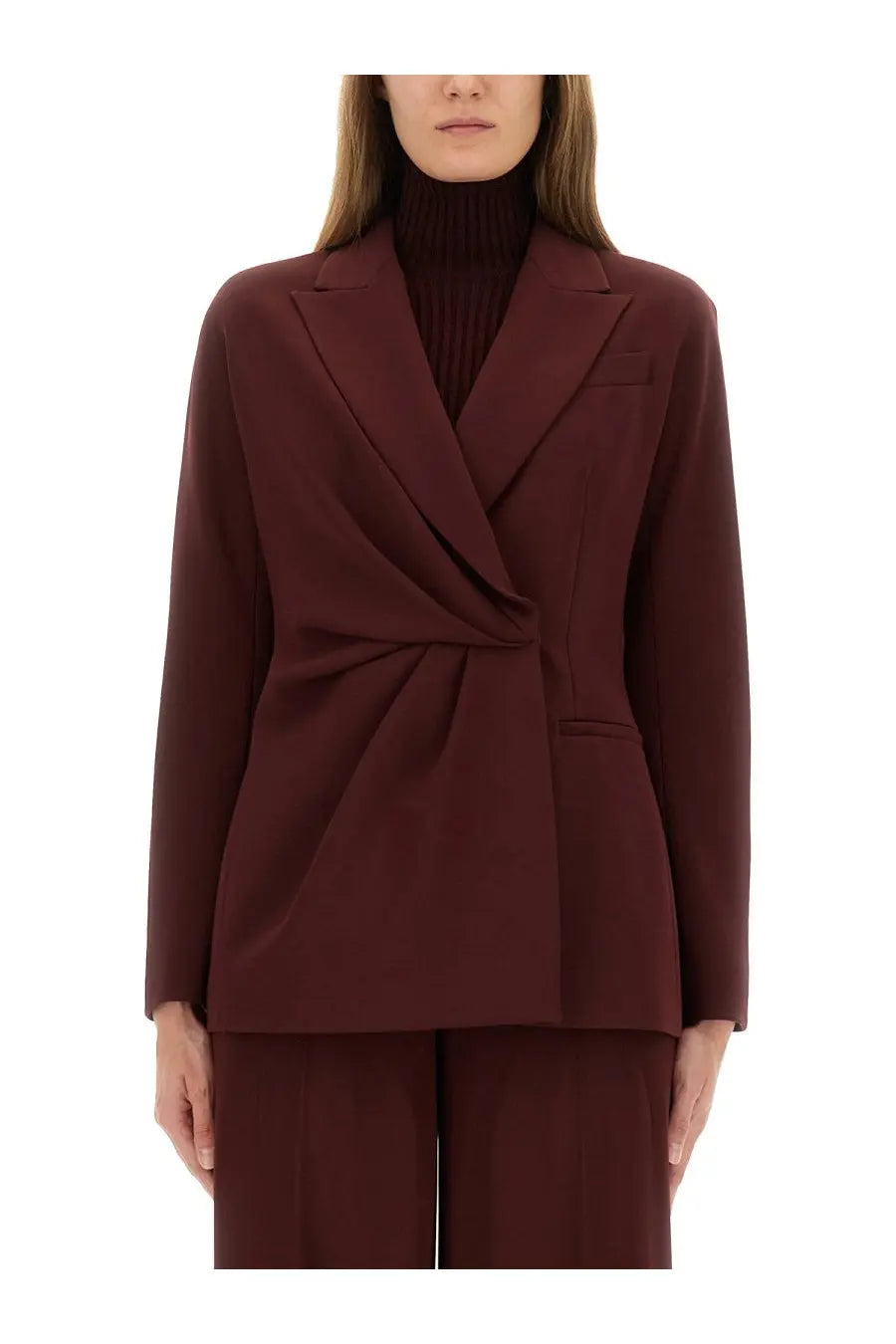 Max Mara women’s Piano Wing jacket red structured maroon blazer with draped front and tailored lapels