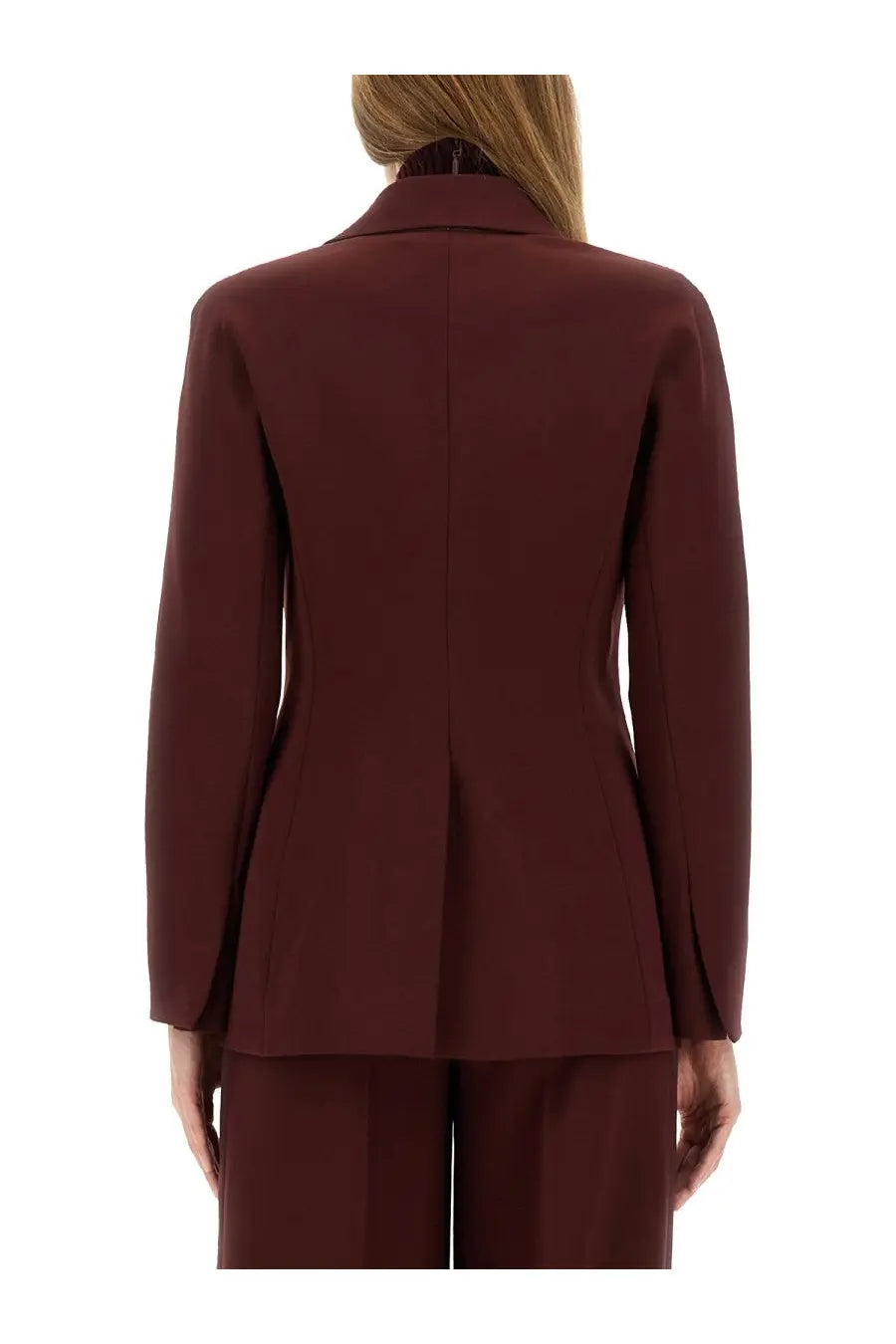 Back view of max mara women’s piano wing jacket red tailored burgundy blazer with structured back and subtle seams