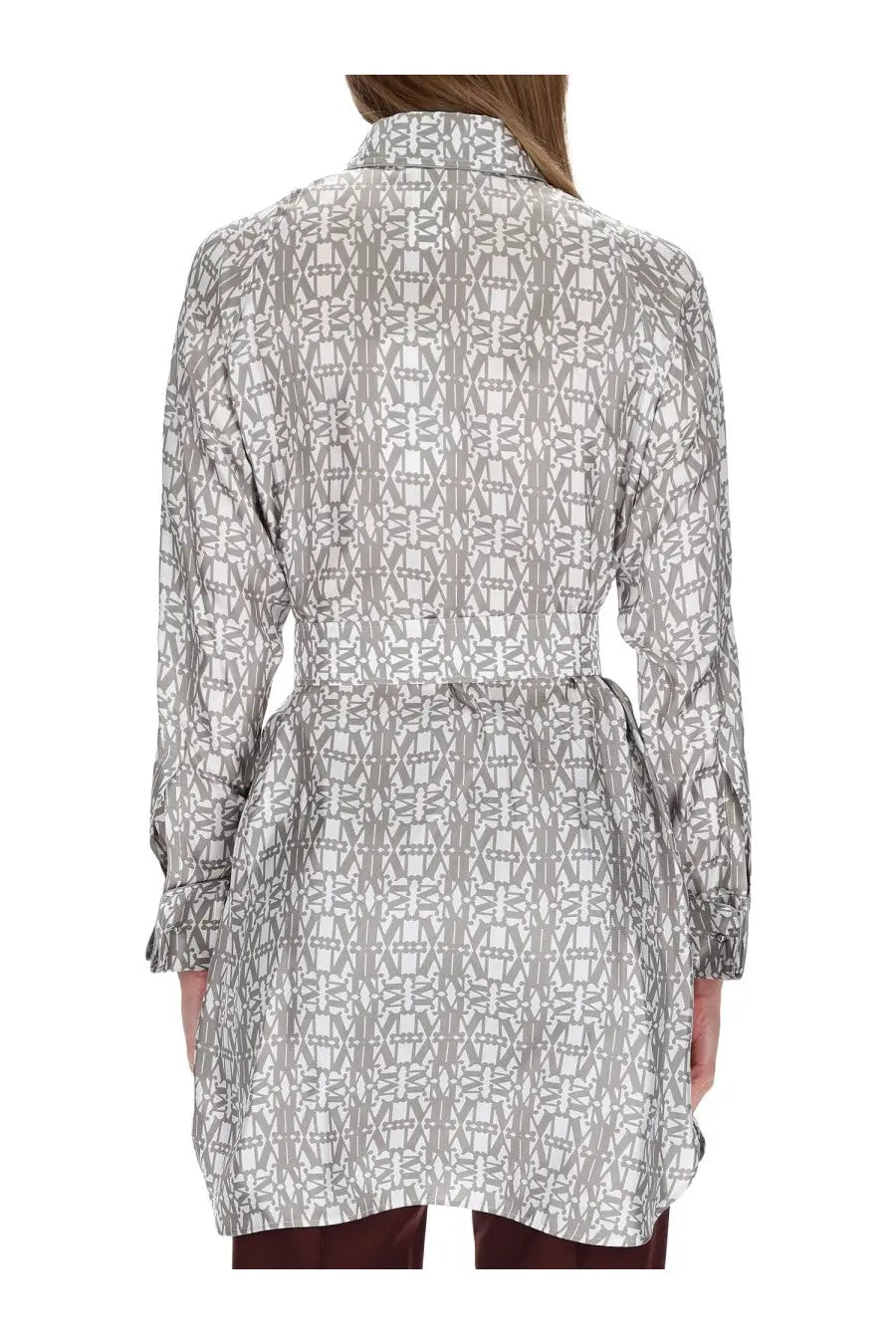 Max Mara women’s printed silk chemisier dress in beige with a gray and white geometric patterned long-sleeved shirt and belted waist