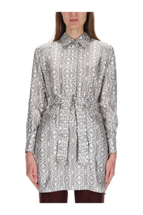 Max mara women’s printed silk chemisier dress in beige with gray and white geometric pattern, long sleeves, collar, and belted waist