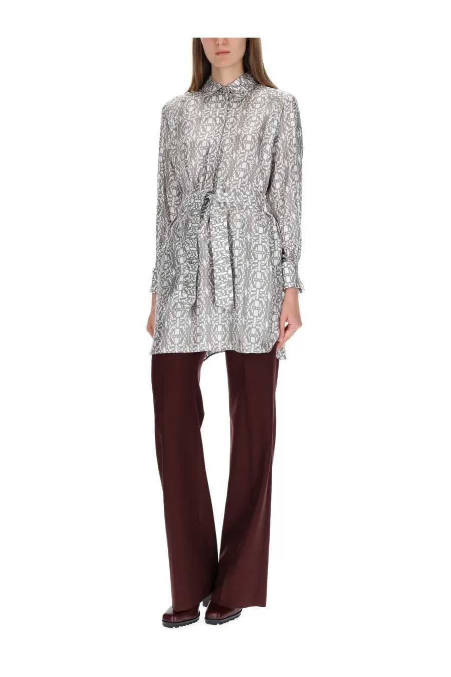 Max Mara women’s printed silk chemisier dress beige long-sleeved belted with silver gray geometric print and high collar