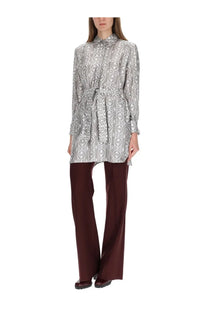 Max Mara women’s printed silk chemisier dress beige long-sleeved belted with silver gray geometric print and high collar