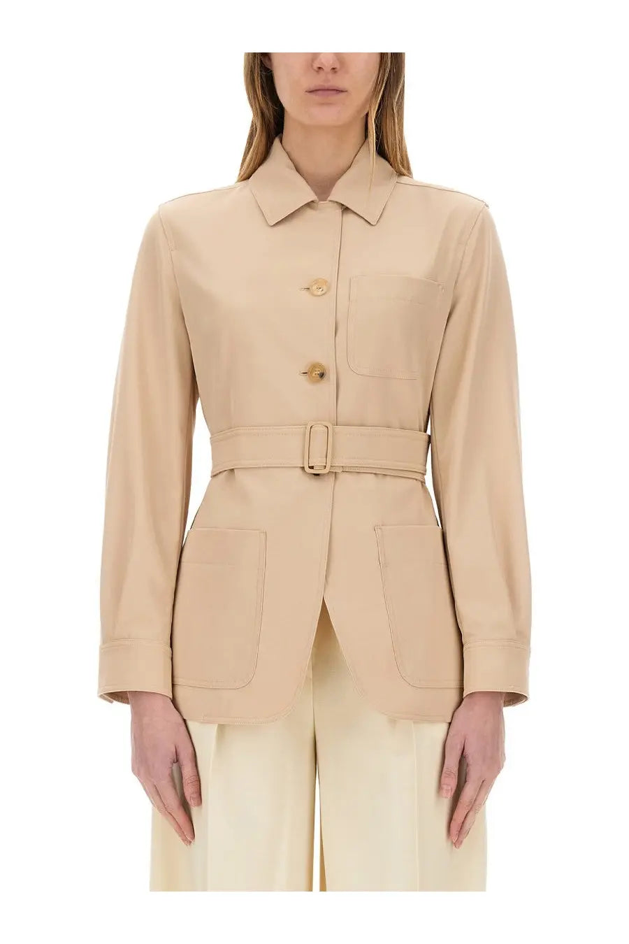 Max Mara women pulvinus jacket beige belted blazer with collar three buttons and patch pockets