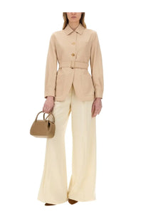Beige leather mini handbag with top handles and a structured rounded shape for max mara women’s pulvinus jacket beige