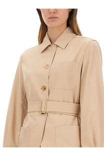 Max mara women’s pulvinus beige trench coat with collar front buttons and matching belt in lightweight fabric