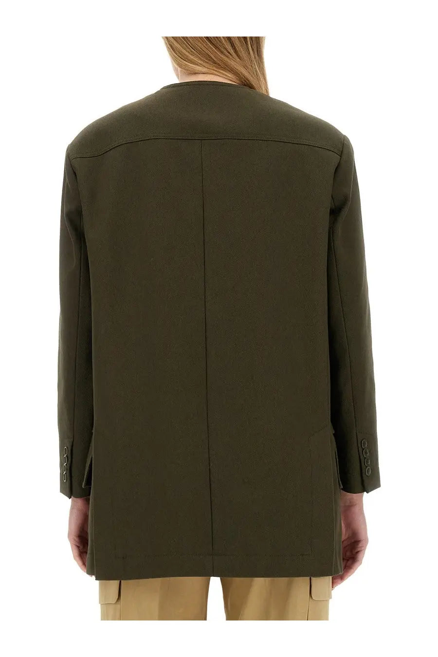 Max Mara women’s recital jacket green olive blazer with structured back clean lines and subtle button cuffs shown from back