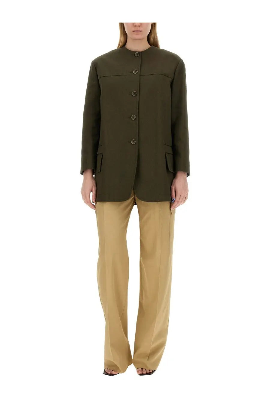 Max mara women’s recital jacket green olive green button-up blazer with structured minimalist design and flap pockets