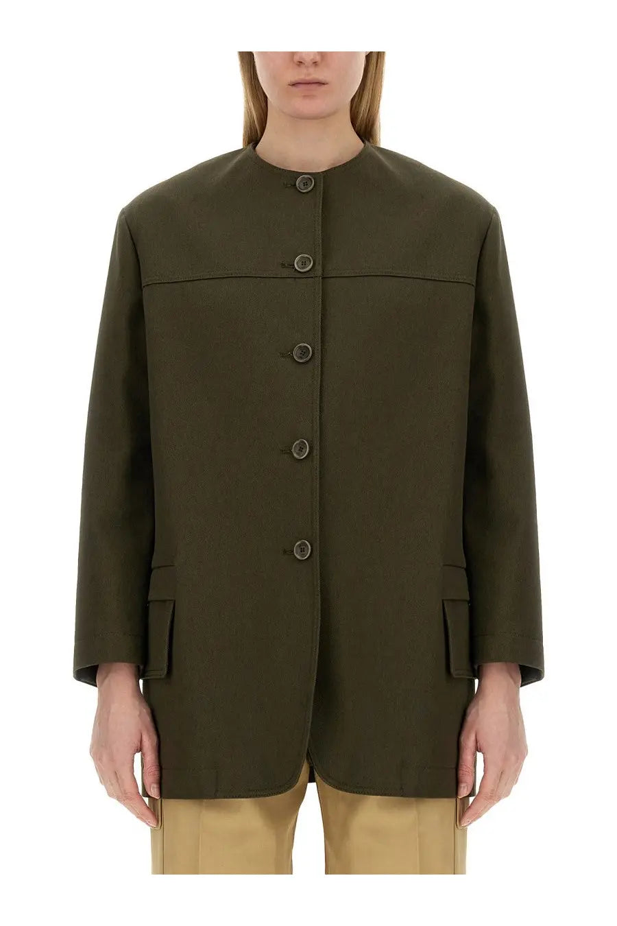 Max Mara women’s recital jacket green olive blazer with dark brown buttons and flap pockets in structured design