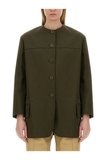 Max Mara women’s recital jacket green olive blazer with dark brown buttons and flap pockets in structured design