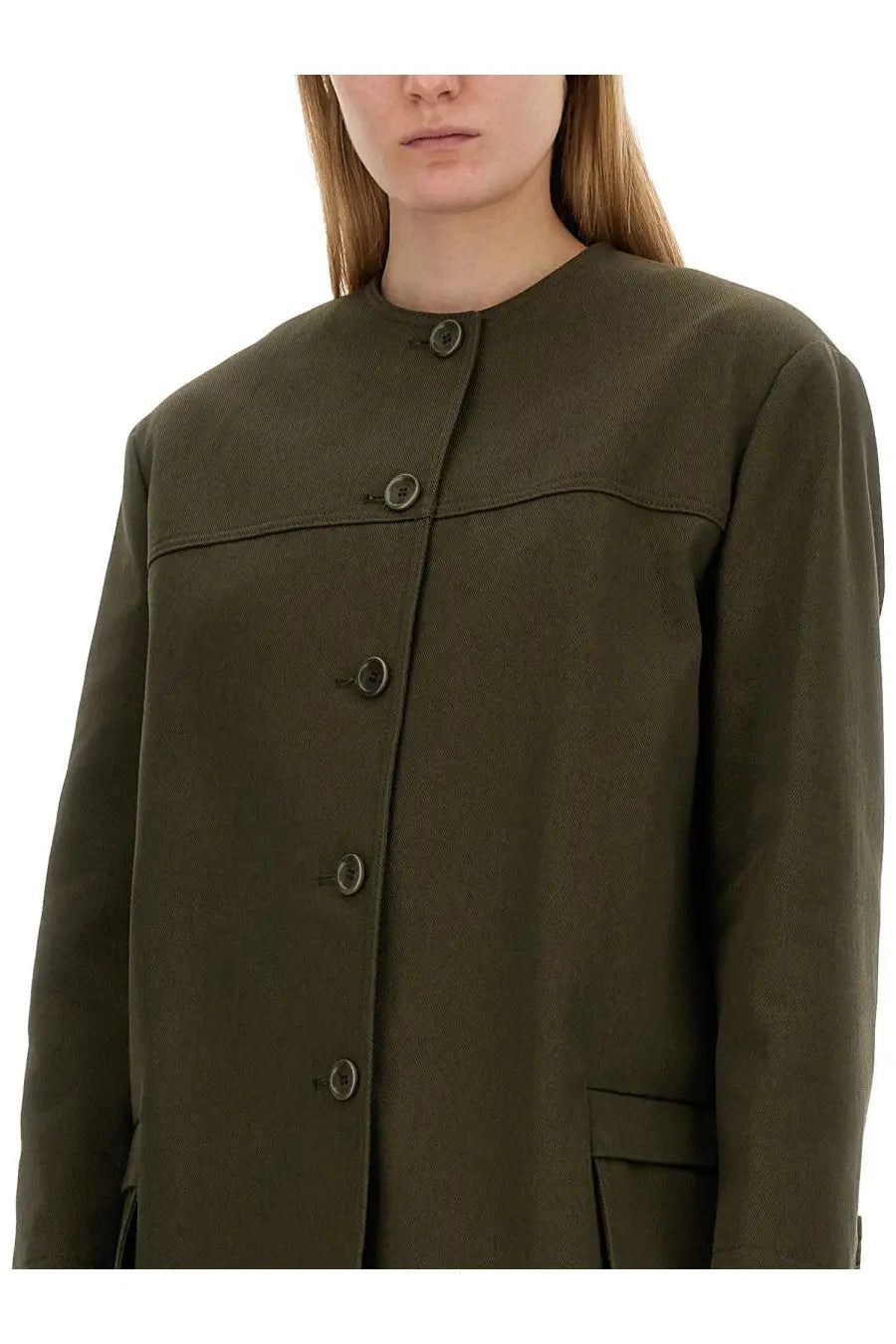Max Mara women’s recital jacket green olive wool-blend coat with dark metal buttons minimalist structured design